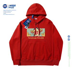 nasa nylee春秋本命年卡通上衣男连帽宽松帽衫虎年红色情侣卫衣女