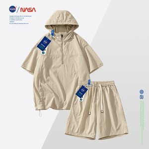 NASA短袖套装男夏季新款冰丝弹力运动卫衣连帽痞帅宽松休闲两件装
