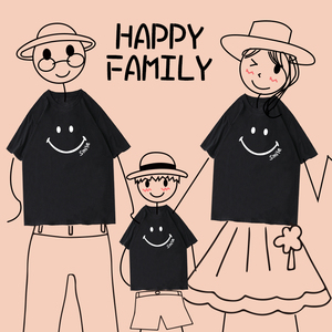 亲子装短袖夏装一家三口四口加大码t恤ins笑脸宽松高端母女装爬服