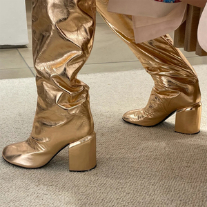 欧洲站过膝长靴女2021秋冬新款圆头粗跟侧拉链网红百搭金色时装靴