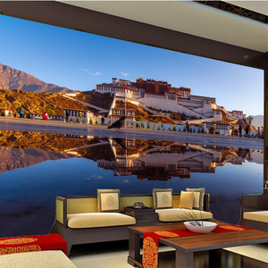 藏式布达拉宫蓝天白云风景壁纸客厅电视背景墙纸藏族民族特色壁画