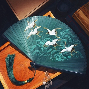 全竹扇子古风小扇子迷你中国风喷绘复古风男女折扇绿色跳舞蹈扇夏