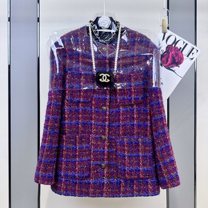 【福利】紫色格纹小香风外套女2024春款时尚减龄百搭中长款大衣