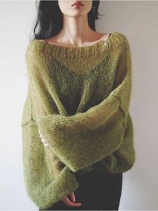 早秋绿色薄款镂空毛衣女一字领高级感马海毛微透针织衫蝙蝠袖罩衫