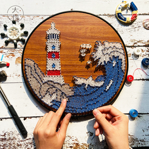 钉子绕线画海岛灯塔手工diy装饰礼物情侣送男友礼品圆形弦丝画