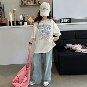 女童夏季套装休闲洋气韩版T恤牛仔阔腿裤两件套大童t时髦短袖儿童