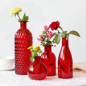 红色玻璃花瓶北欧风莫兰迪小细口水培创意插花瓶婚庆结婚家居摆件