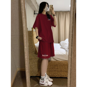 红色短袖T恤女2024新款夏季宽松高腰中裤五分裤休闲运动短裤套装