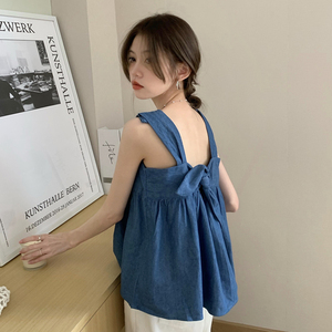 露背蝴蝶结牛仔吊带背心女外穿设计感小众内搭宽松美背无袖上衣夏