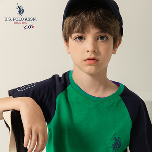 us polo assn童装男童t恤2021夏季新品100%纯棉圆领撞色拼接t恤男