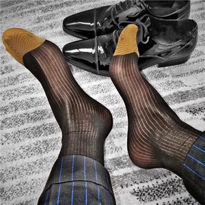 3双日本正装超薄金脚趾锦纶中高筒细条纹性感男士丝袜脚尖加固袜