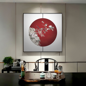 喜鹊登枝图茶室禅意装饰画国风方形餐厅背景墙挂画新中式花鸟壁画