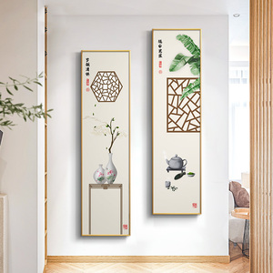 新中式入户玄关装饰画竖长条走廊过道挂画古风芭蕉民宿禅意壁画