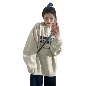 高级感超好看圆领卫衣女春秋款oversize高街潮牌加绒无帽上衣秋冬