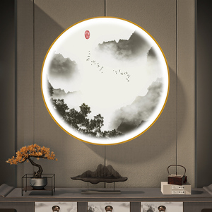 水墨山鸟新中式圆形禅意屏风装饰画客厅玄关挂画走廊过道茶室壁画