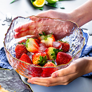创意网红锤纹玻璃碗透明金边沙拉碗家用大号蔬菜水果盘日式甜品碗