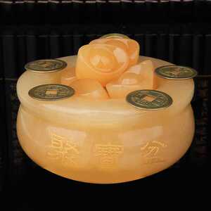 新品九星老黄玉聚宝盆风水摆件招财九运宝盒家居店铺开业礼品大号