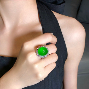 冰种正阳绿蛋面翡翠戒指女款缅料天然正品镶嵌帝王绿满绿玉石指环