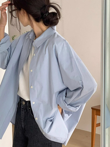 韩版蓝色宽松长袖防晒衬衫女夏季外搭开衫高级感翻领衬衣外套上衣