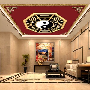 八卦太极图天花板壁纸道场道观吊顶墙纸客厅顶吉祥回字纹定制壁画