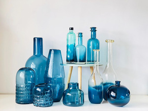 手工蓝色玻璃创意插花花瓶欧式高雅家居装饰品摆件吊钟麻醉木花器