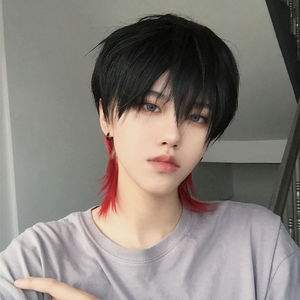 假发男网红同款挑染日系鲻鱼头中性风挂耳染狼尾短直发假发男古风