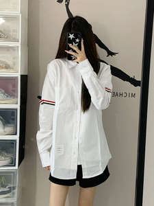 韩版设计感双彩带贴标宽松衬衫女2023秋季原宿风百搭纯色衬衣外套