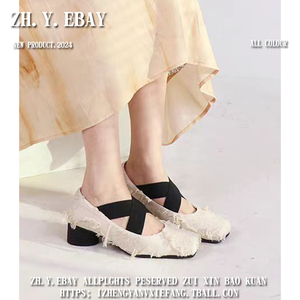 新中式方头交叉绑带芭蕾鞋女2024新款猪鼻子浅口单鞋粗跟玛丽珍鞋