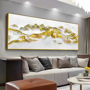 背靠金山装饰画沙发背景墙客厅三联轻奢挂画聚宝盆八方聚财山水画
