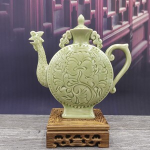 铜川宋耀州窑青瓷青釉凤鸣壶送礼仿古酒壶酒具陶瓷古董收藏品摆件