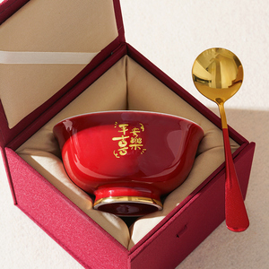 恒列平安喜乐宝宝周岁食福碗套装认干亲红色碗筷生日寿碗定制礼盒