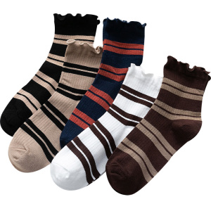 花边袜子女卷边中筒袜秋冬季纯棉韩国g日系条纹短袜学院风甜美2双