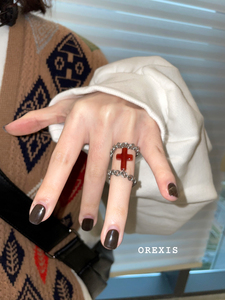 OREXIS 原创红色玛瑙十字架时尚个性钛钢情侣戒指女小众设计新款