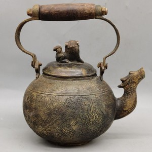古玩铜器收藏黄铜做旧摆件兽盖双凤酒壶茶壶水壶工艺装饰提梁铜壶