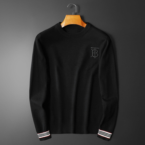巴宝莉男装春季新款圆领毛衣男士修身刺绣简约百搭休闲套头针织衫