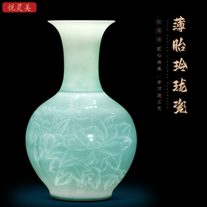 景德镇陶瓷器花瓶摆件名人手绘薄胎半刀泥工艺中式客厅酒柜装饰品