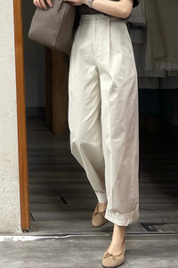 米白色高腰阔腿休闲裤女夏季窄版显瘦直筒西装裤垂感宽松哈伦长裤
