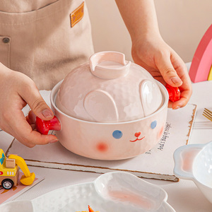 粉色小猪陶瓷泡面碗带盖可爱少女心卡通碗学生宿舍饭碗汤碗沙拉碗