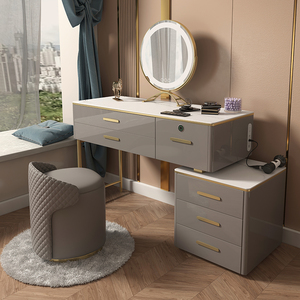 轻奢北欧收纳柜一体实木梳妆台现代简约网红经济型书桌岩板化妆台
