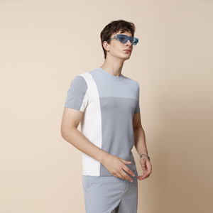 rare威雅男装 2022夏季新款男士针织色块拼接短袖毛衫