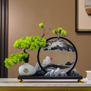 新中式迎客松山水流沙画摆件家居客厅玄关办公室茶艺室禅意装饰品