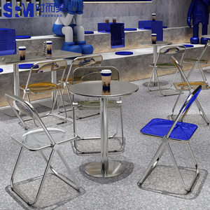 工业风咖啡店不锈钢透明折叠椅网红奶茶甜品店烘焙蛋糕店桌椅组合