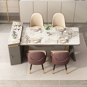 开放式悬浮感岛台餐桌一体创意家庭厨房亮光岩板现代喝茶桌椅组合