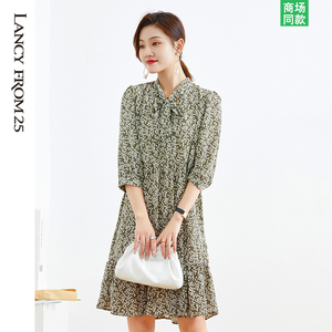 朗姿女装折扣清仓2021夏装v领印花碎花连衣裙女士宽松显瘦a字裙子