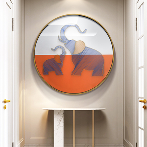 大象圆形玄关装饰画高端餐厅橙色走廊过道手工绕线寓意好简约现代