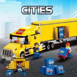 城市系列六一礼物积木黄色大卡车货柜运输汽车警察拼装玩具礼物男