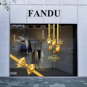 圣诞大堂静电玻璃大型门贴酒店铺4s商城金色吊饰蝴蝶结落地橱窗贴