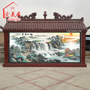 庭院影背墙迎门墙瓷砖壁画室外农村大门外墙背景墙岩板山水风景画