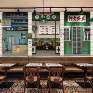 新品风格冰室小画店壁吃复古港风装饰背景墙纸港式v茶餐厅装修壁