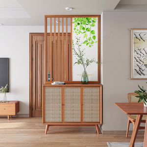 北欧日式客厅入户玄关柜实木格栅艺术玻璃屏风隔断鞋柜置物柜一体